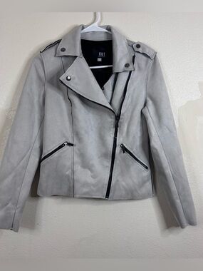 Kut From The Kloth Light Gray Faux Suede Jacket Sz XS Asymmetrical Edgy Snaps